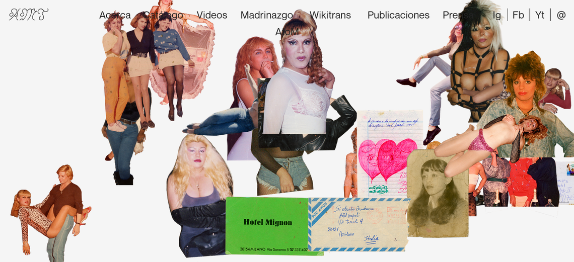 Captura de pantalla de la portada del sitio web del Archivo de la Memoria Trans. Imágenes de archivo de mujeres trans, cartas y dibujos que sobrepasan los límites del centro del sitio y se extienden hacia el menú, captura del sitio interactivo.